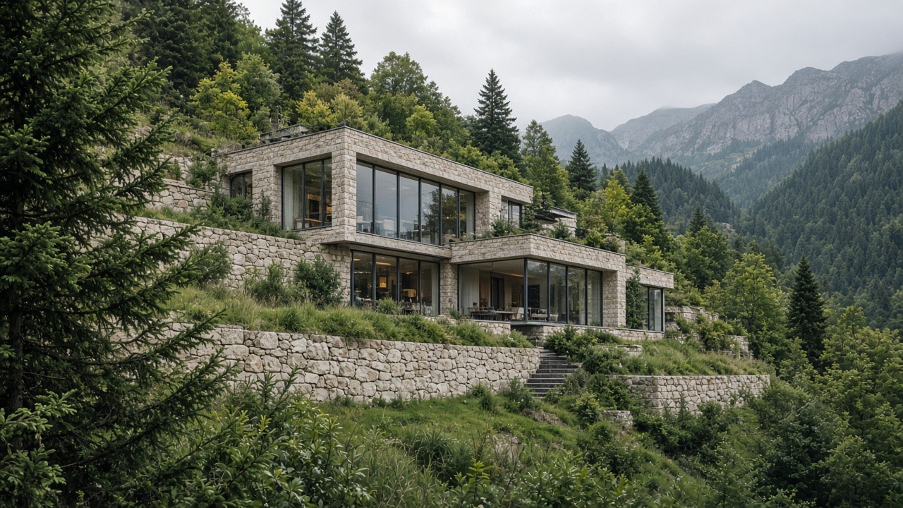 A house of stone and glass set into a hillside