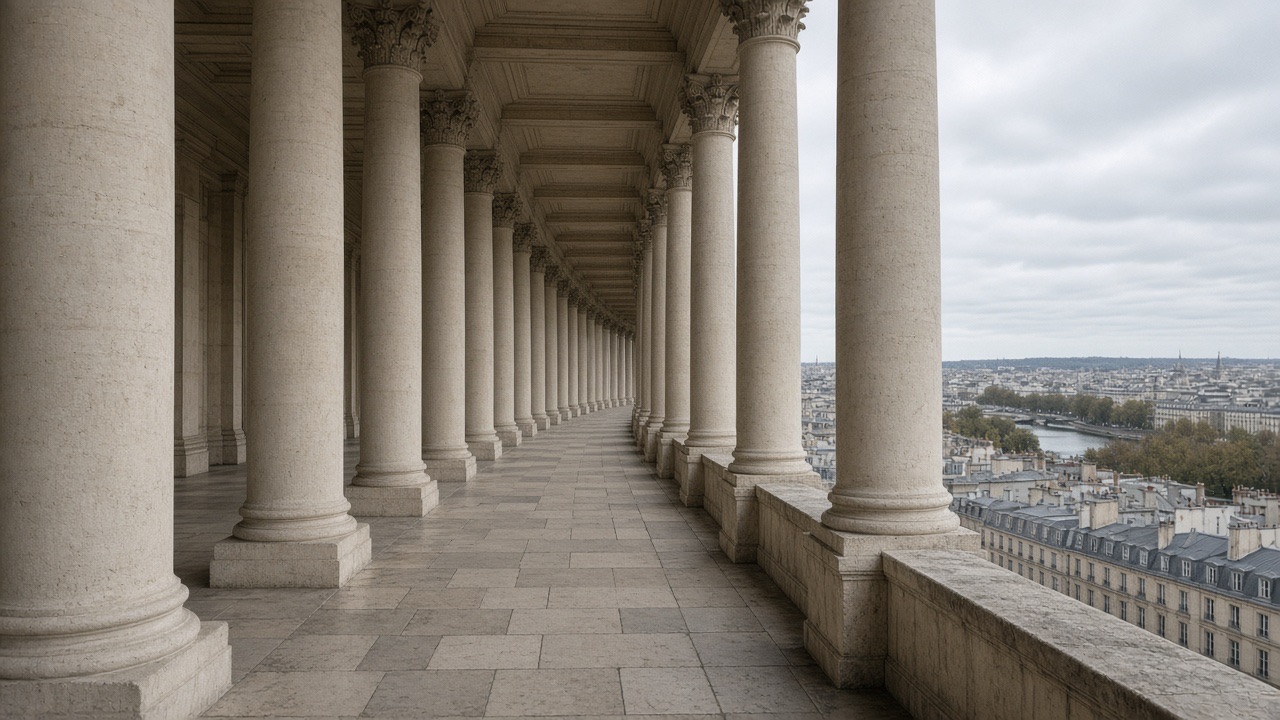 A long architectural colonnade opening onto the city
