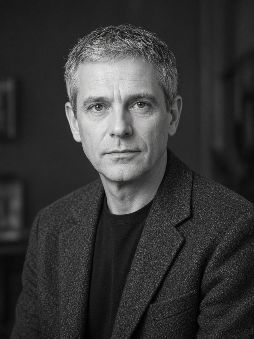 Black and white editorial portrait of Lukas Steiner
